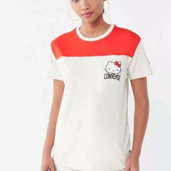 Women's Converse x Hello Kitty Football T-Shirt Egret/Fiery Red 10008210 Siz M L - Picture 7 of 8